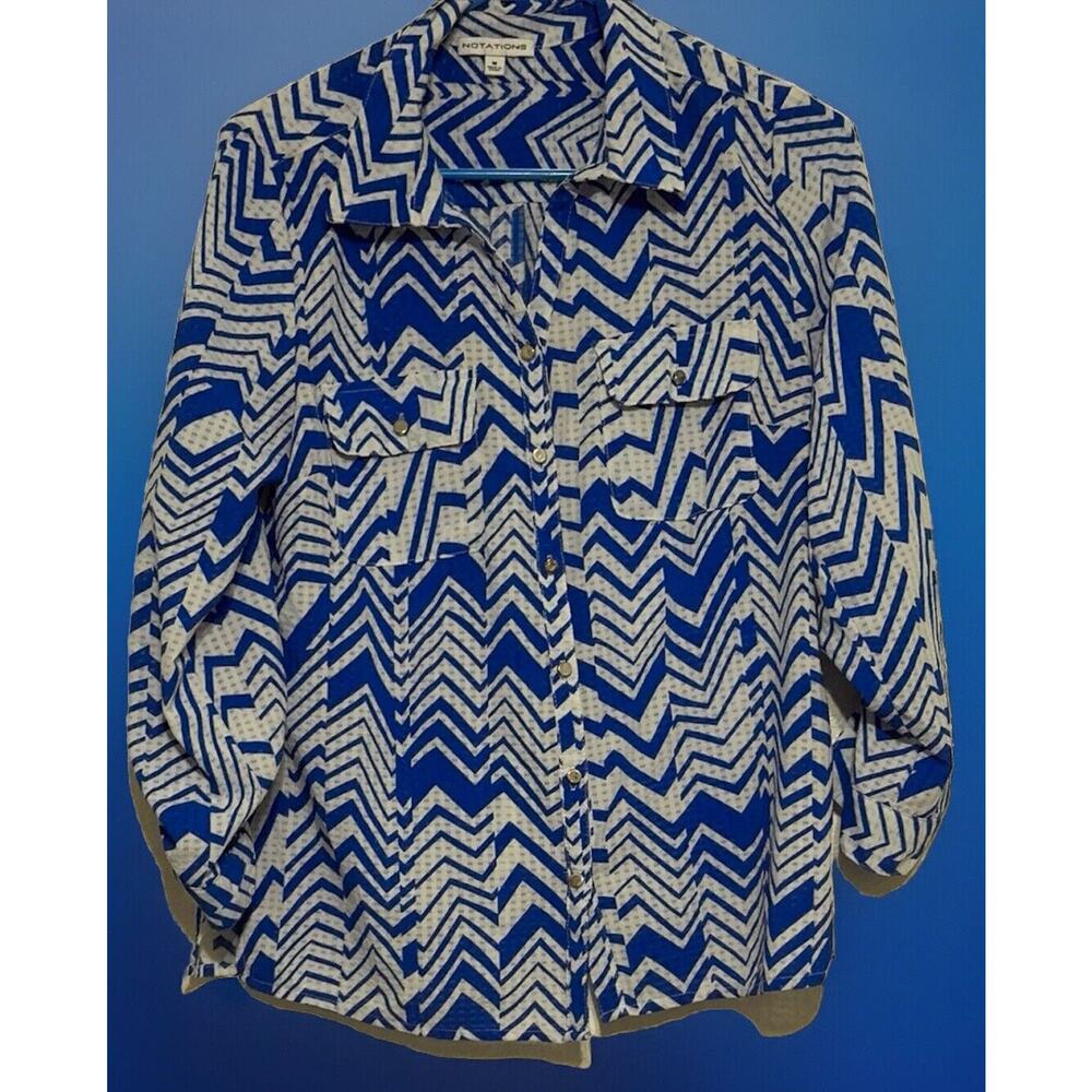 Notations Blue White Shear Blouse Button Front Long Sleeve Pockets Size Medium